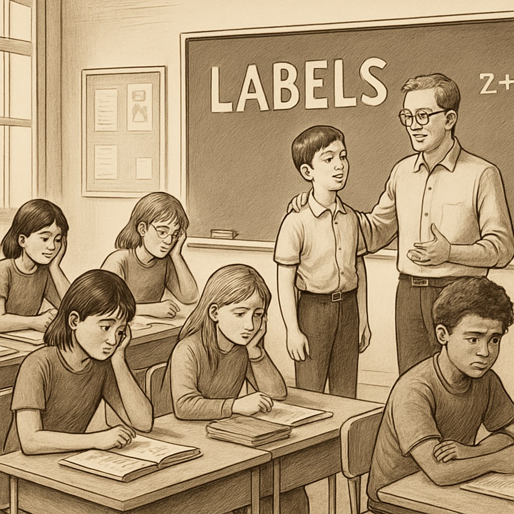 Students reacting differently to praise and labels in a classroom setting.