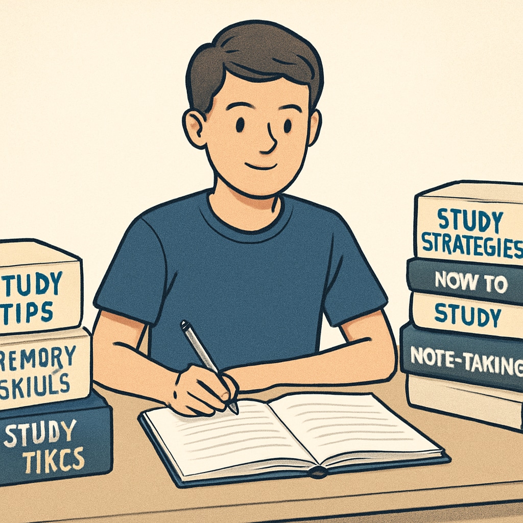 A teen studying with books about learning methods and information retention.