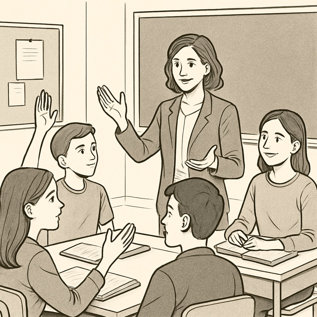 A teacher helps students develop critical thinking through classroom interaction.
