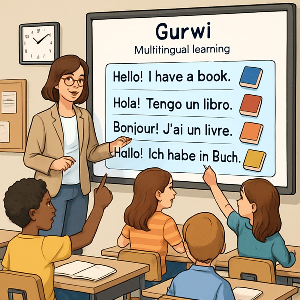 Teacher and students using Gurwi's multilingual learning features on a digital whiteboard