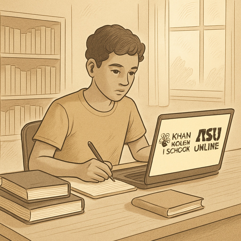 A student engaged in online learning through Khan World School and ASU Online.
