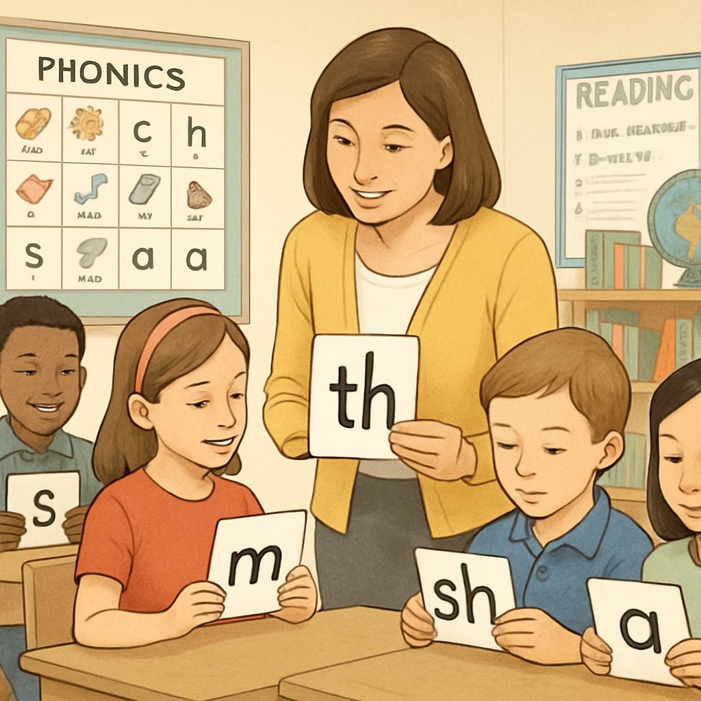 A classroom of young students practicing reading with phonics-based flashcards, emphasizing phonics instruction in foundational literacy. Students learning to read using natural phonics methods in a classroom setting.