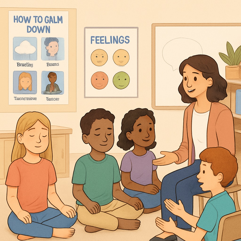 An illustration of children learning emotional management techniques in a classroom setting, such as practicing mindfulness or discussing feelings. Children practicing emotional management techniques in a classroom.