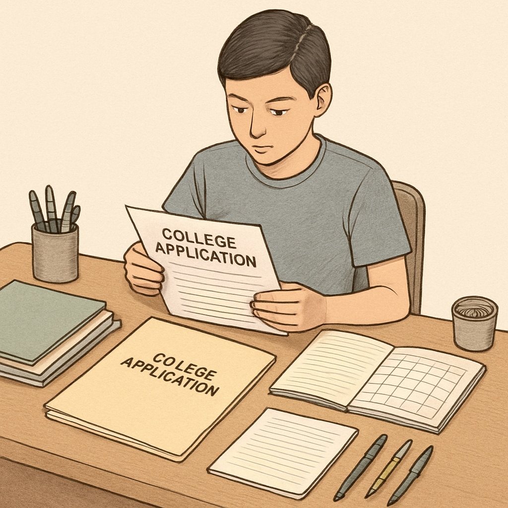 A high school student preparing for college applications with organized materials.