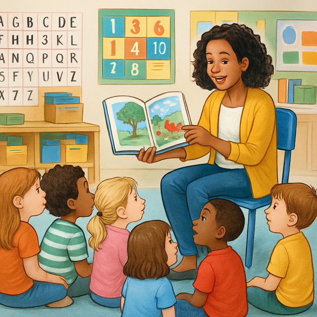 A teacher reading a storybook to young students, highlighting the whole language approach to literacy. Whole language instruction showcased as a teacher reads a story to children.