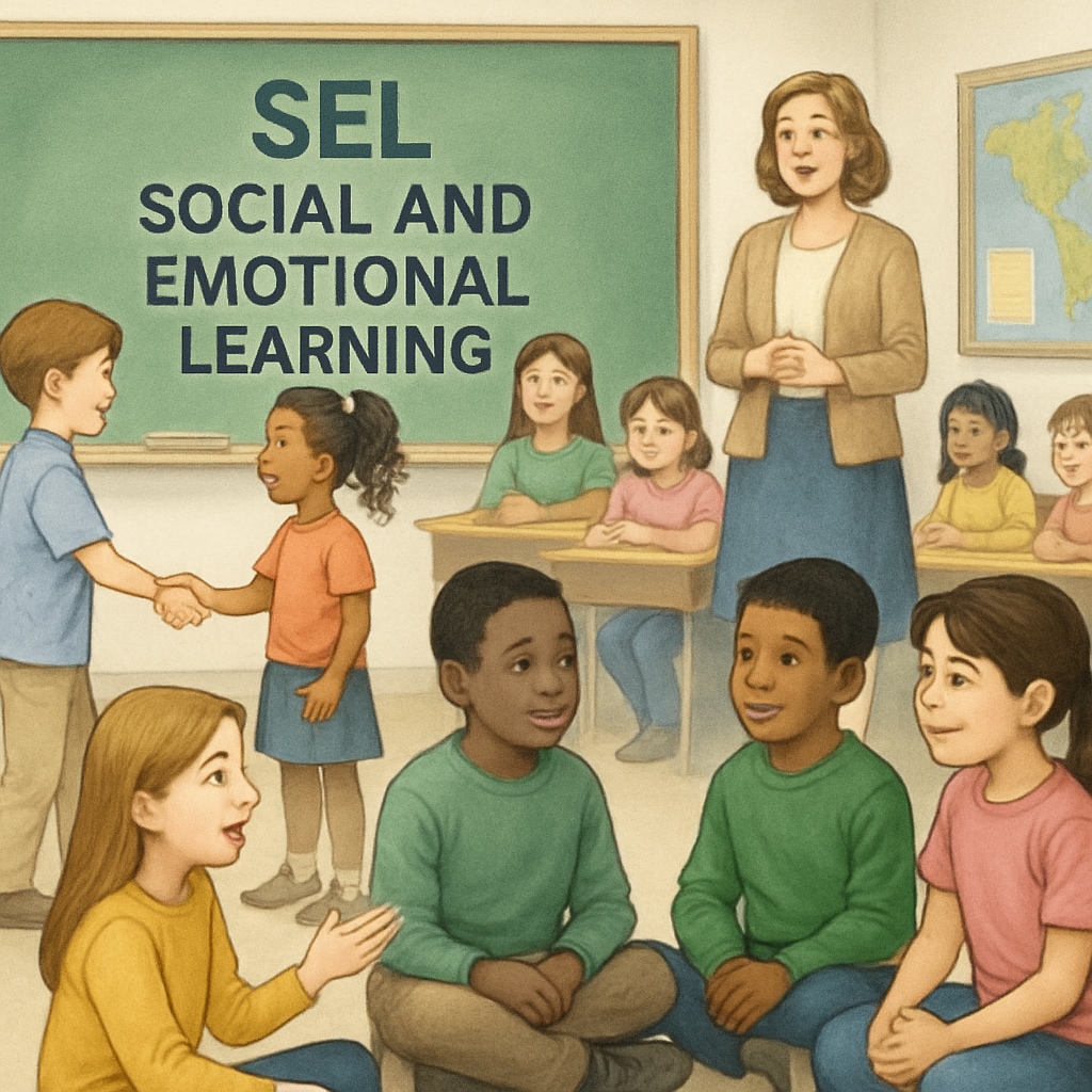 A visual representation of SEL activities, including role-playing or group discussions in a primary school environment. Students engaging in SEL activities like group discussions in a classroom.