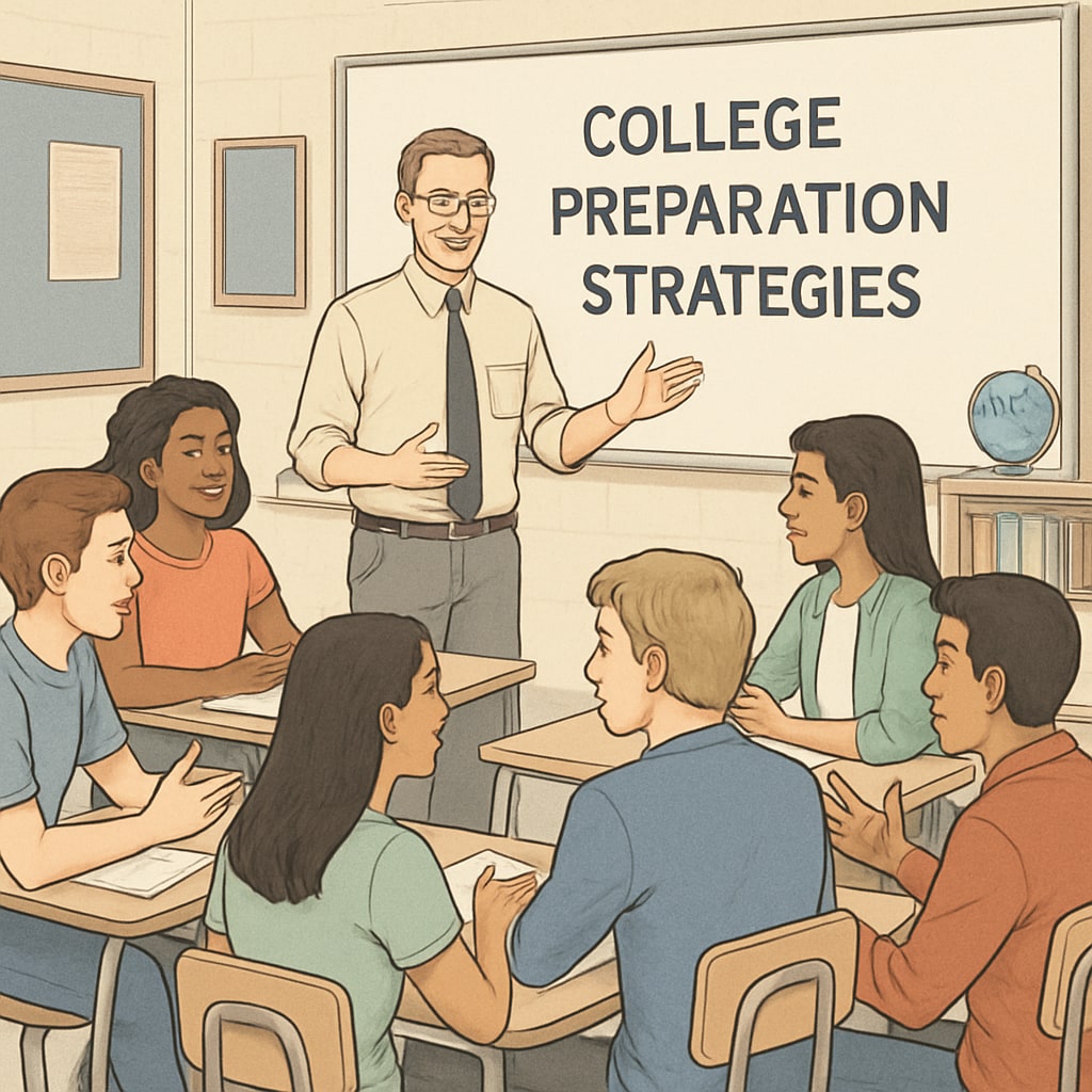 High school students discussing college preparation with their teacher.