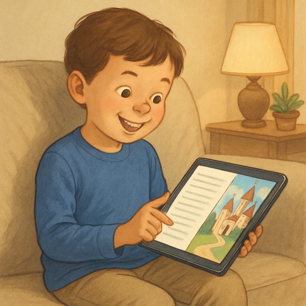 Child using a tablet to read a storybook, showcasing a children's reading app.