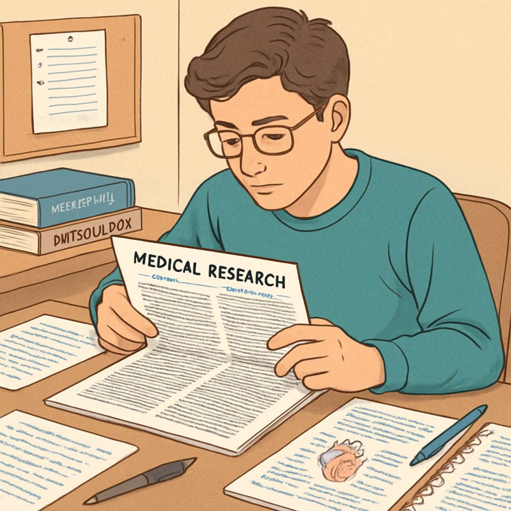 High-achieving student reading medical research paper with detailed annotations