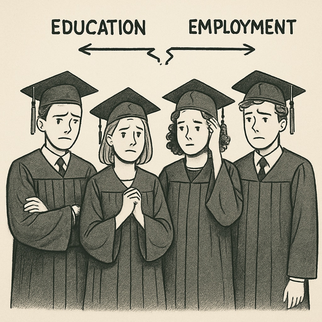 A group of graduates in caps and gowns looking worried, symbolizing the disconnect between education and employment. Graduates in caps and gowns showing concern about employment challenges.
