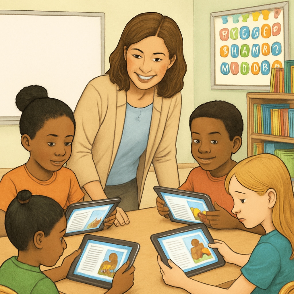 Teacher with children using tablets for reading, demonstrating the educational use of the reading app.