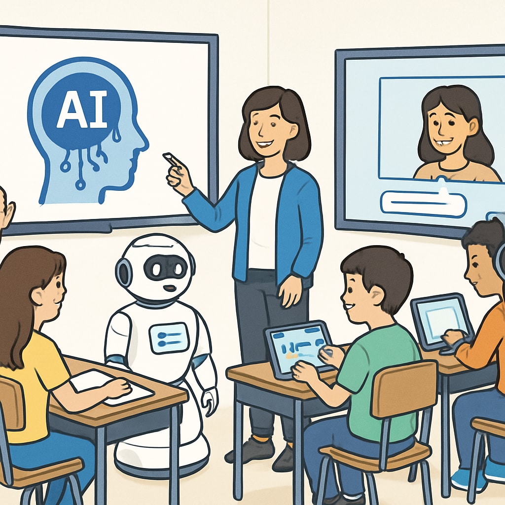 A conceptual illustration of AI technology transforming a classroom setting, showcasing students interacting with AI-powered tools. AI in K12 education - classroom with AI tools enhancing learning.