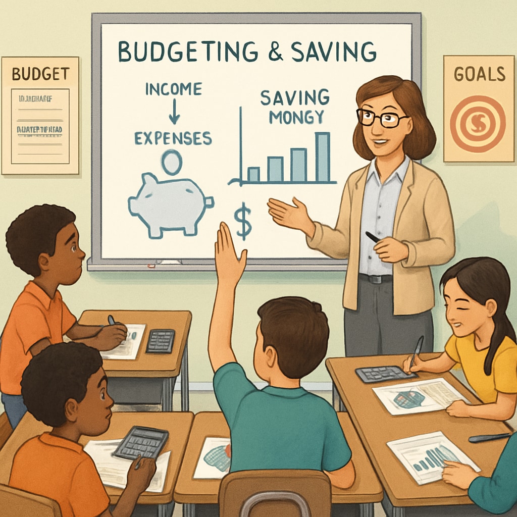 A classroom of diverse students learning about budgeting and saving, illustrating the importance of financial literacy. Students in a classroom learning about budgeting, part of financial literacy education.
