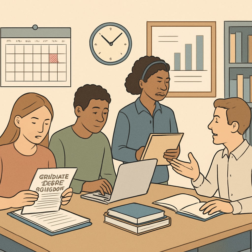 A classroom showing students preparing for graduate school applications, symbolizing the importance of timing and planning. Students preparing for graduate school applications in a classroom.