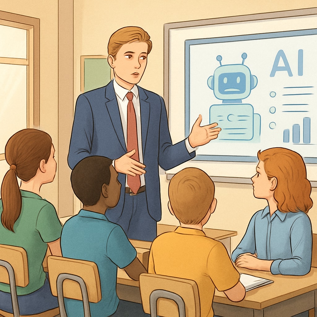 A symbolic image showing Barron Trump discussing AI-driven educational tools with students in a classroom setting. Barron Trump AI education advocacy - discussing tools with students.