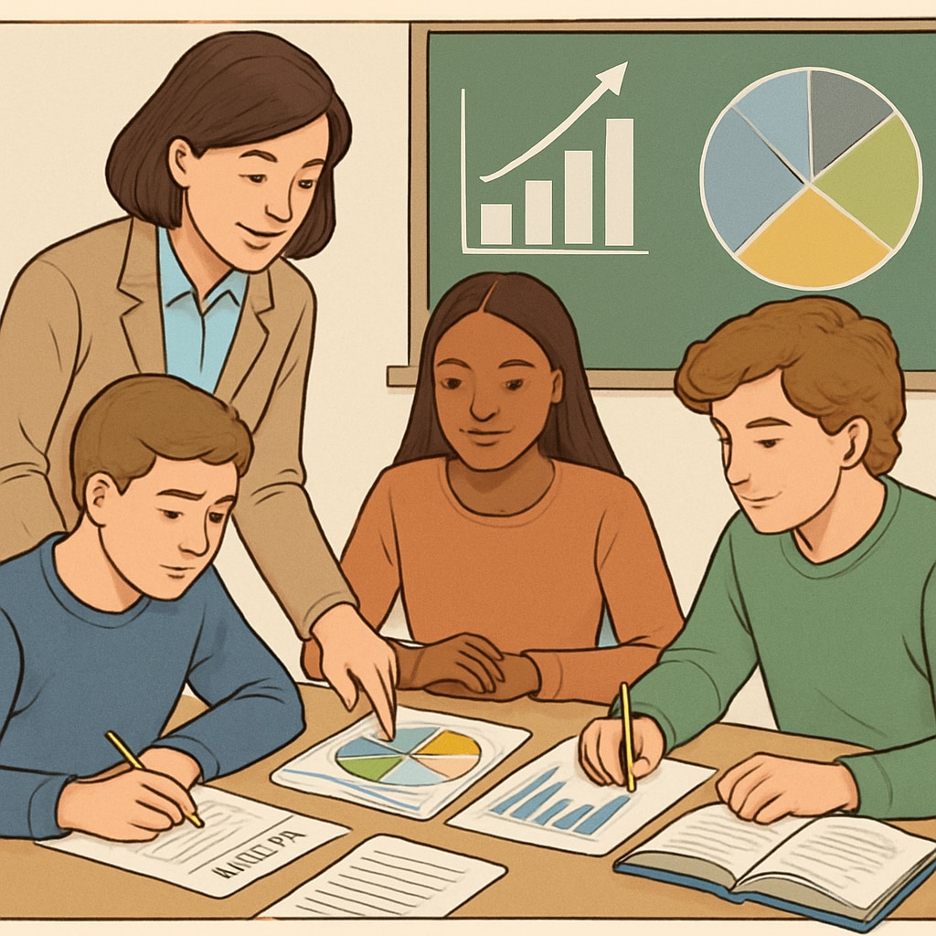 A teacher guiding high school students through a financial planning activity, symbolizing interactive learning methods. Teacher and students working on a financial planning exercise, showcasing school curricula improvements.