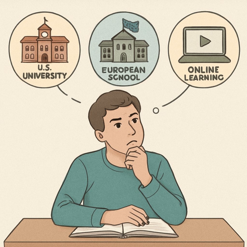 A student contemplating various educational pathways, with icons representing U.S. universities, European schools, and online platforms. Student exploring educational pathways including U.S. universities and online programs.