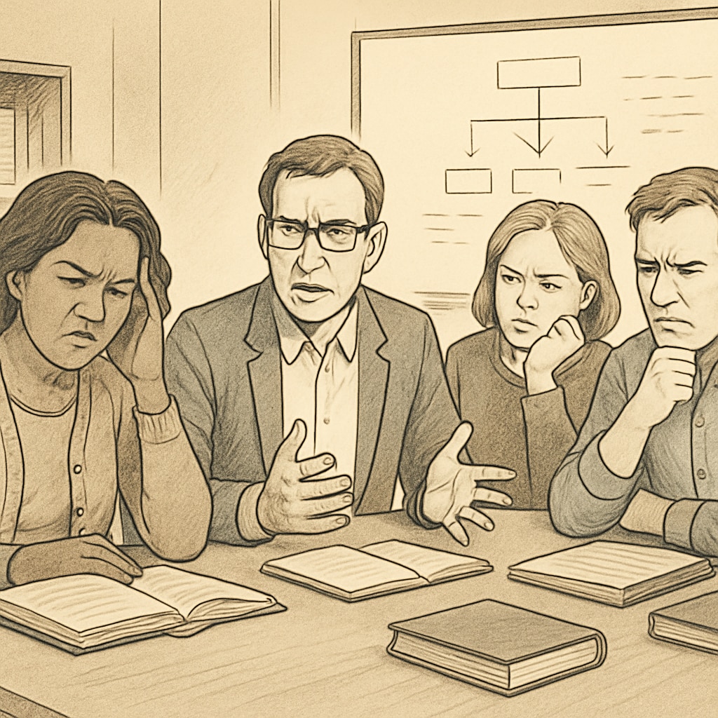 Teachers discussing issues with their academic supervisor's lack of expertise.