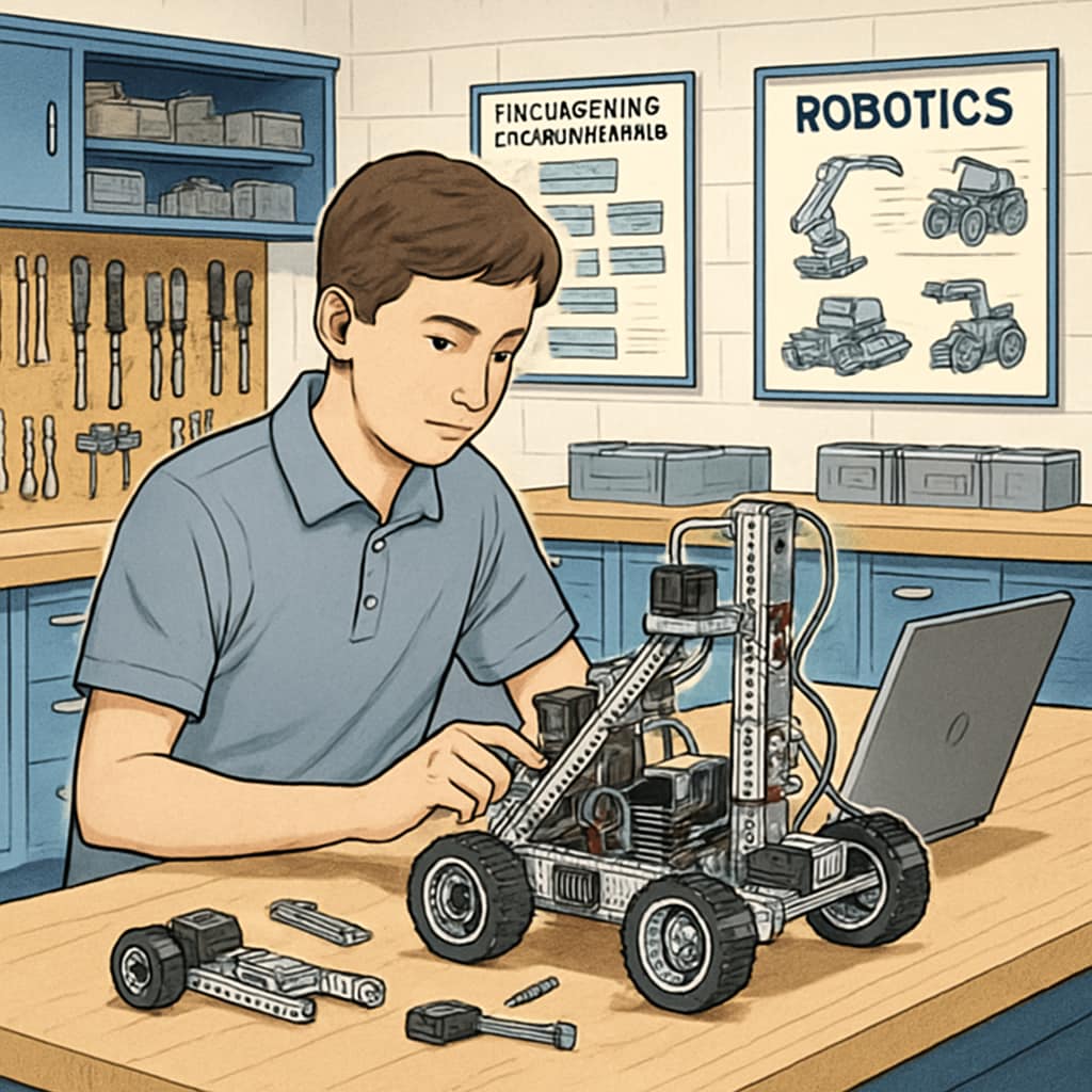 A student engaging in a robotics project in a Career and Technical Education (CTE) lab.