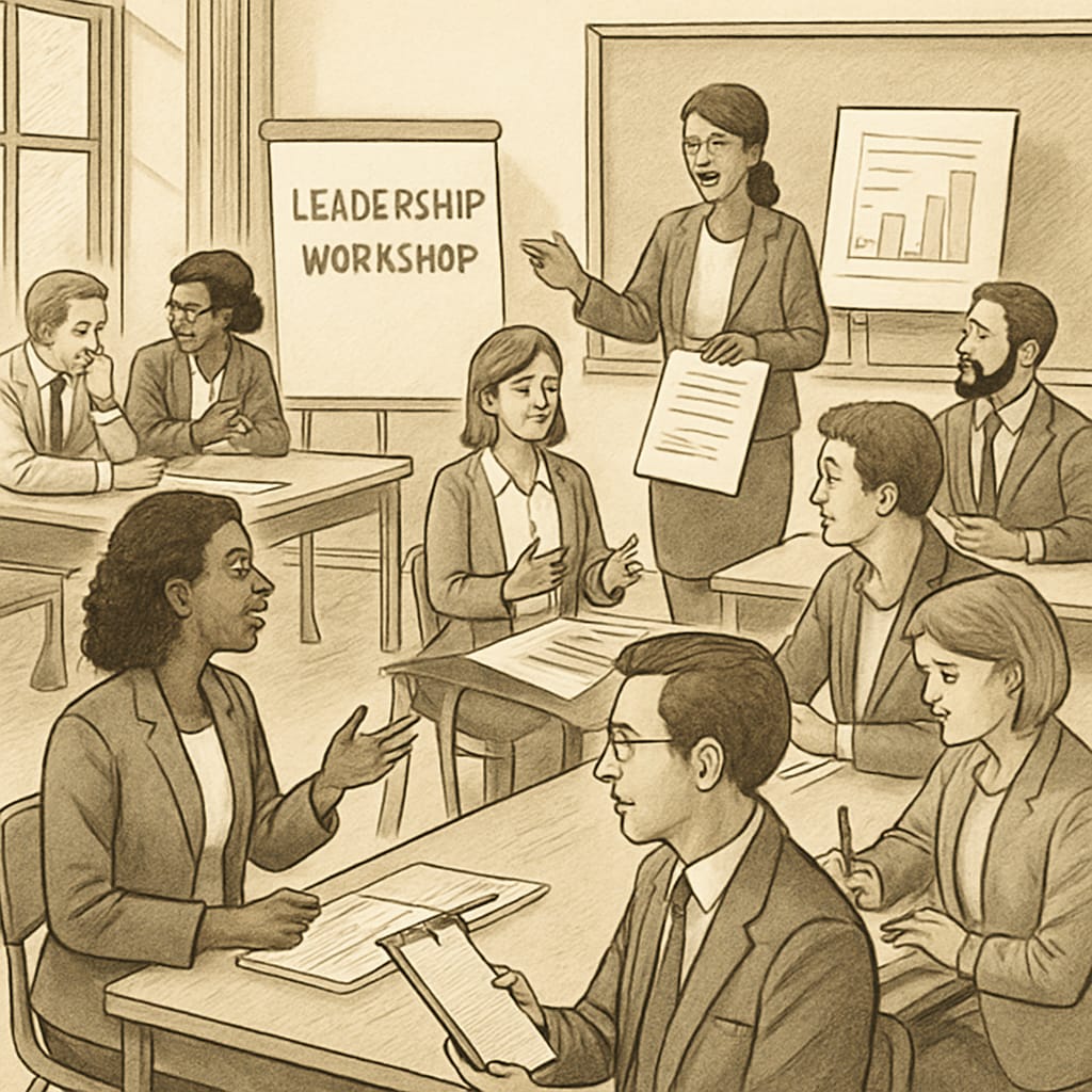 Professionals participating in a workshop to improve educational leadership skills.