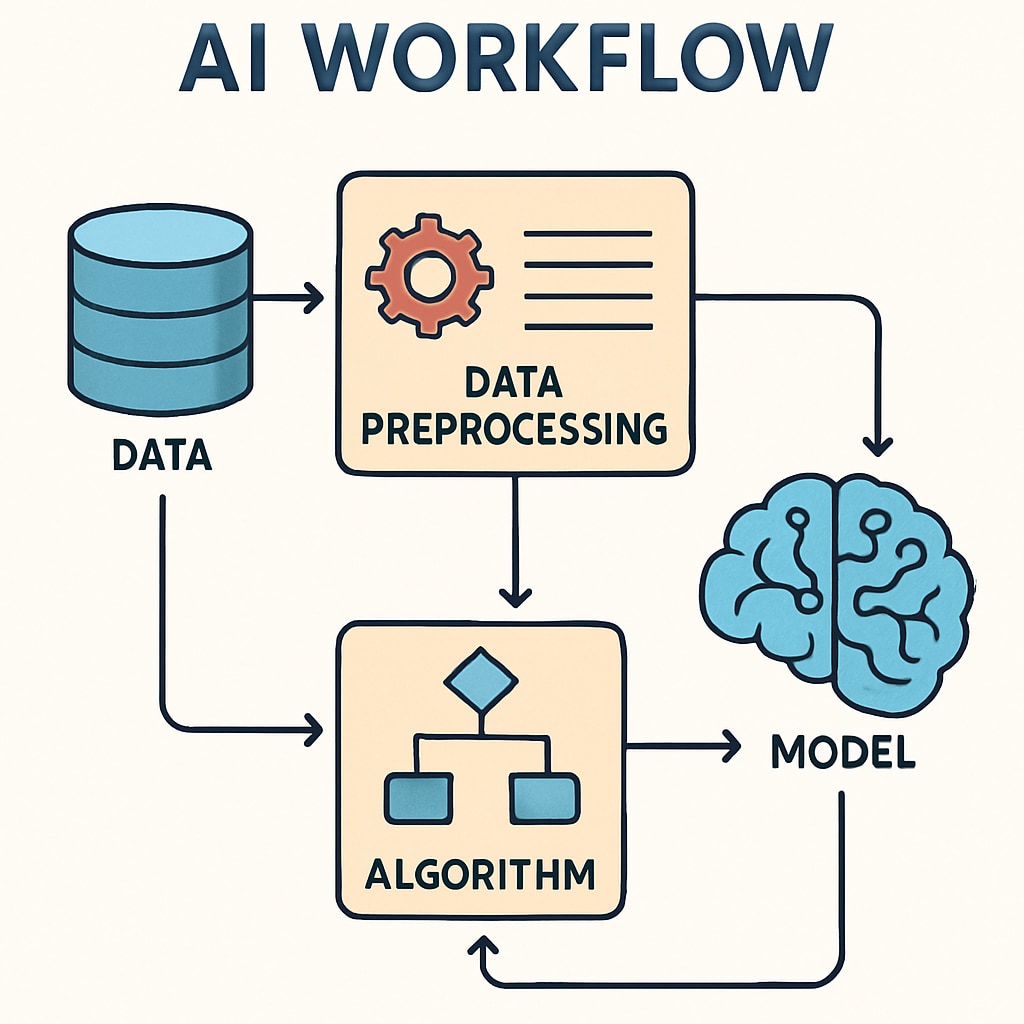 A diagram illustrating a simplified AI workflow, focusing on foundational concepts like algorithms and data preprocessing. Simplified AI workflow with foundational algorithms and preprocessing steps.