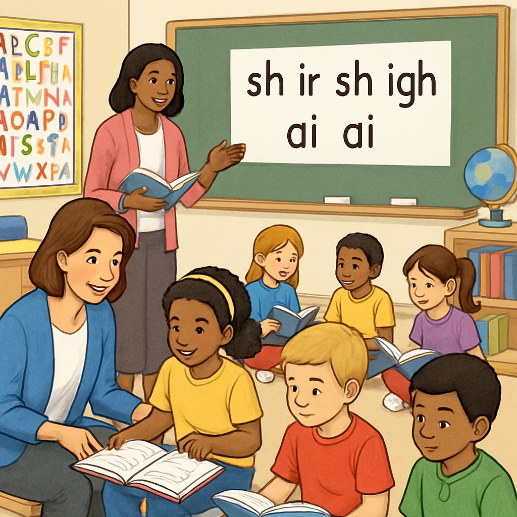 A classroom setting showcasing children participating in a phonics-based reading activity with teachers guiding them. Children practicing phonics-based reading activities in a classroom setting.