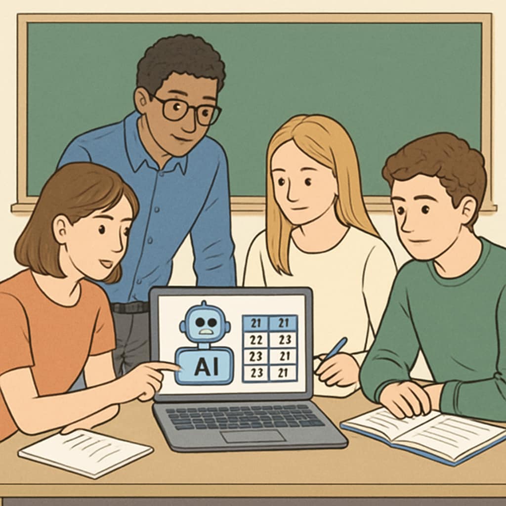 Students collaborating on an AI project, analyzing a small dataset on a laptop in a classroom setting. Students working on a small dataset for an AI project in a classroom.