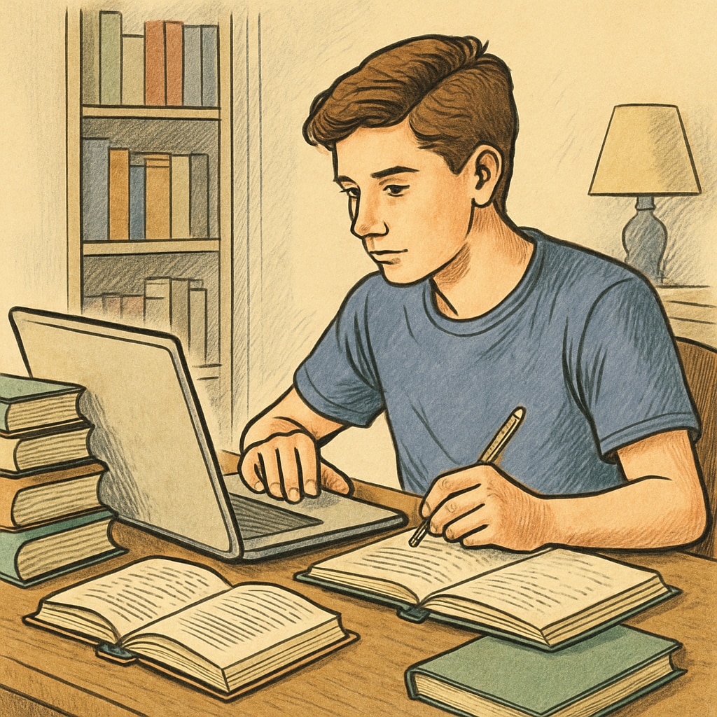 A high school student studying on a laptop at home, representing online learning opportunities. High school student using a laptop for online learning to catch up on credits.