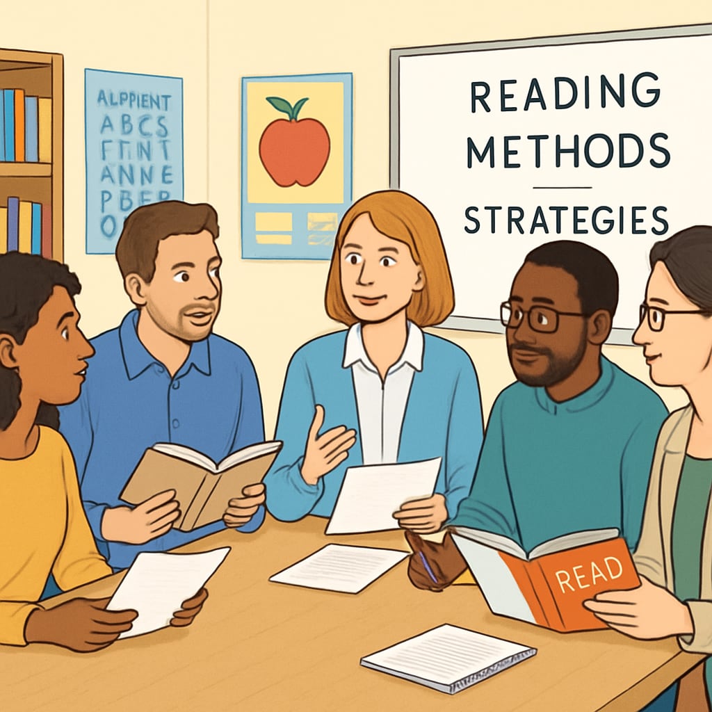 Parents and educators in a meeting discussing reading methods and strategies to address concerns. Parents and educators discussing reading teaching methods during a school meeting.