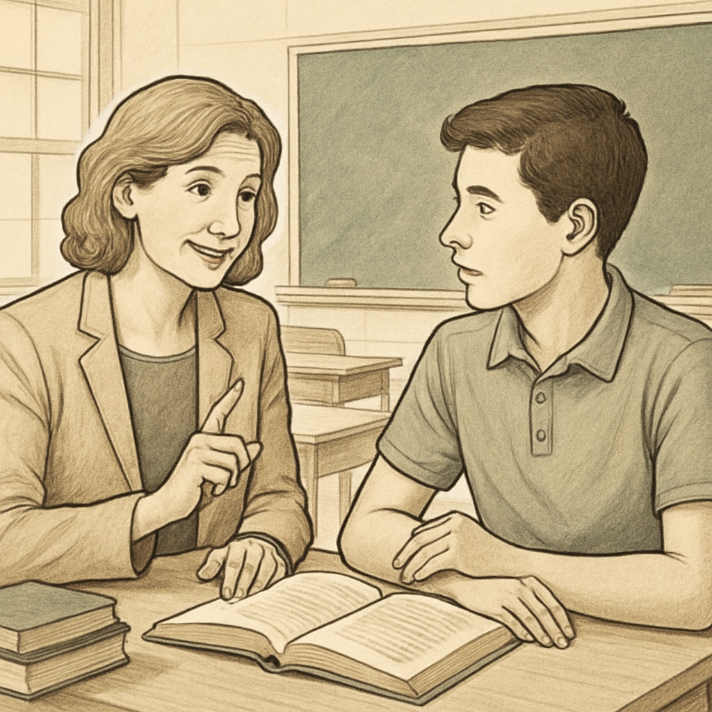 A supportive teacher discussing academic goals with a high school student in a classroom setting. Teacher helping a student set goals to catch up on high school credits.