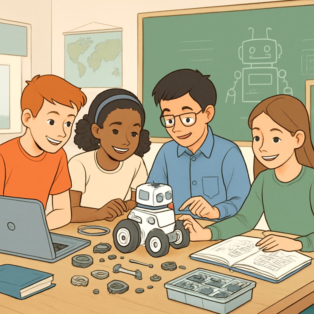 K12 students collaborating on a robotics project as part of a project-based learning curriculum.
