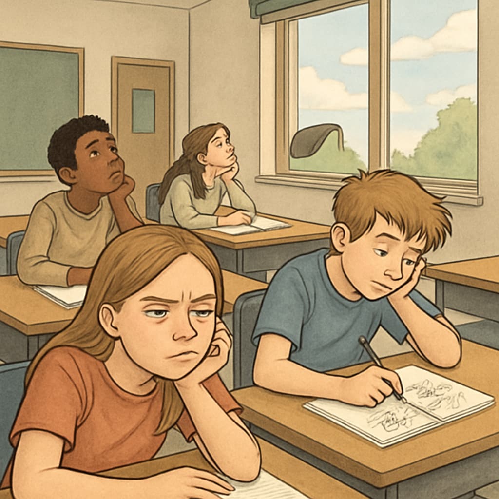 Students appearing bored in a classroom, reflecting global education challenges.