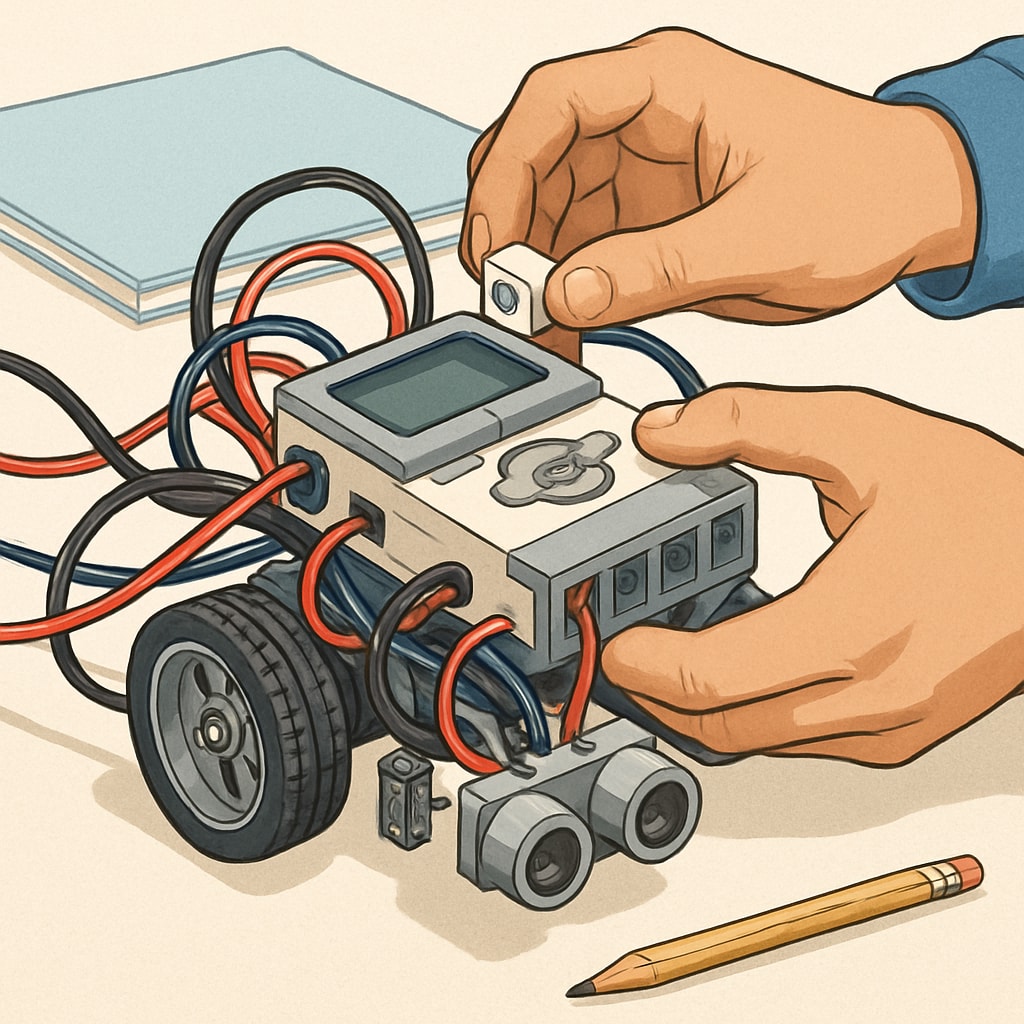 Close-up of a student's hands building a robot during a hands-on robotics education class.