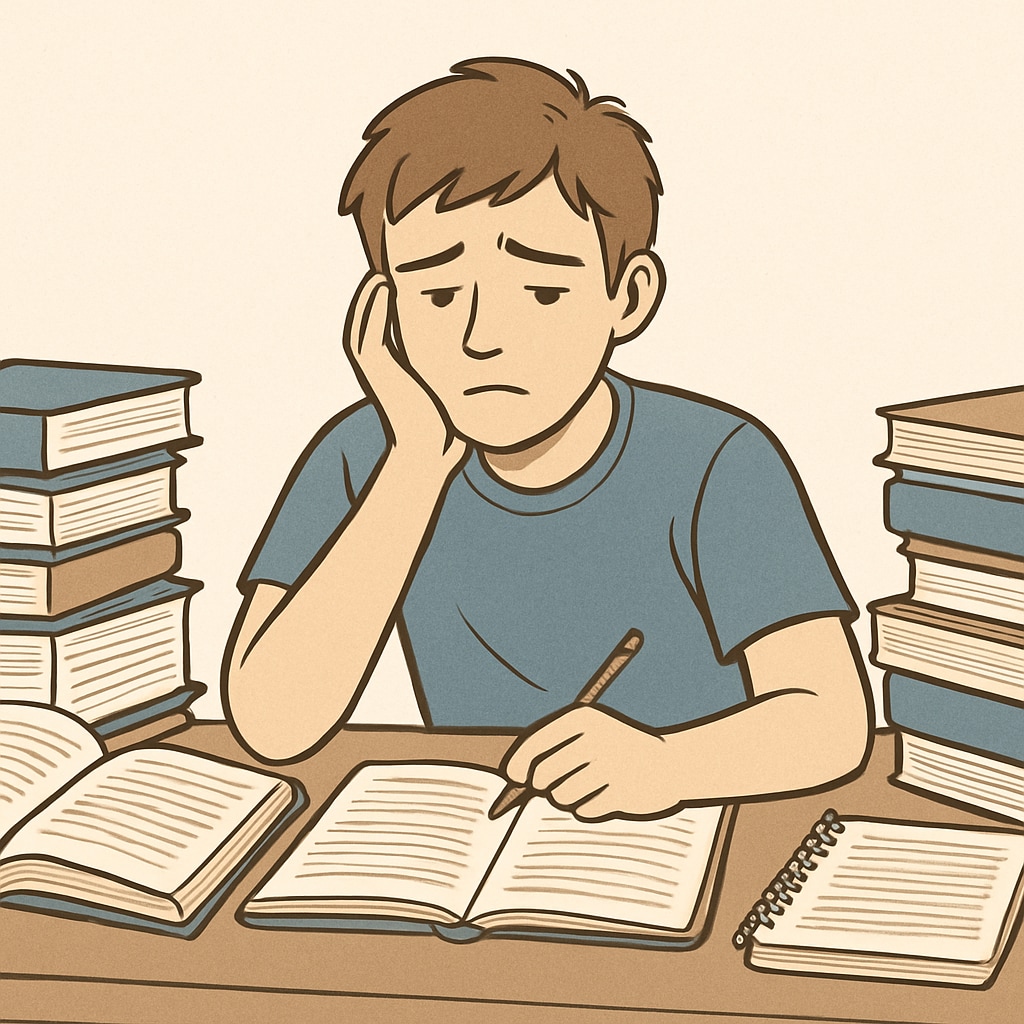 A young university student sitting at a desk, looking unmotivated while surrounded by books. Unmotivated university student facing academic struggles due to uninteresting majors.