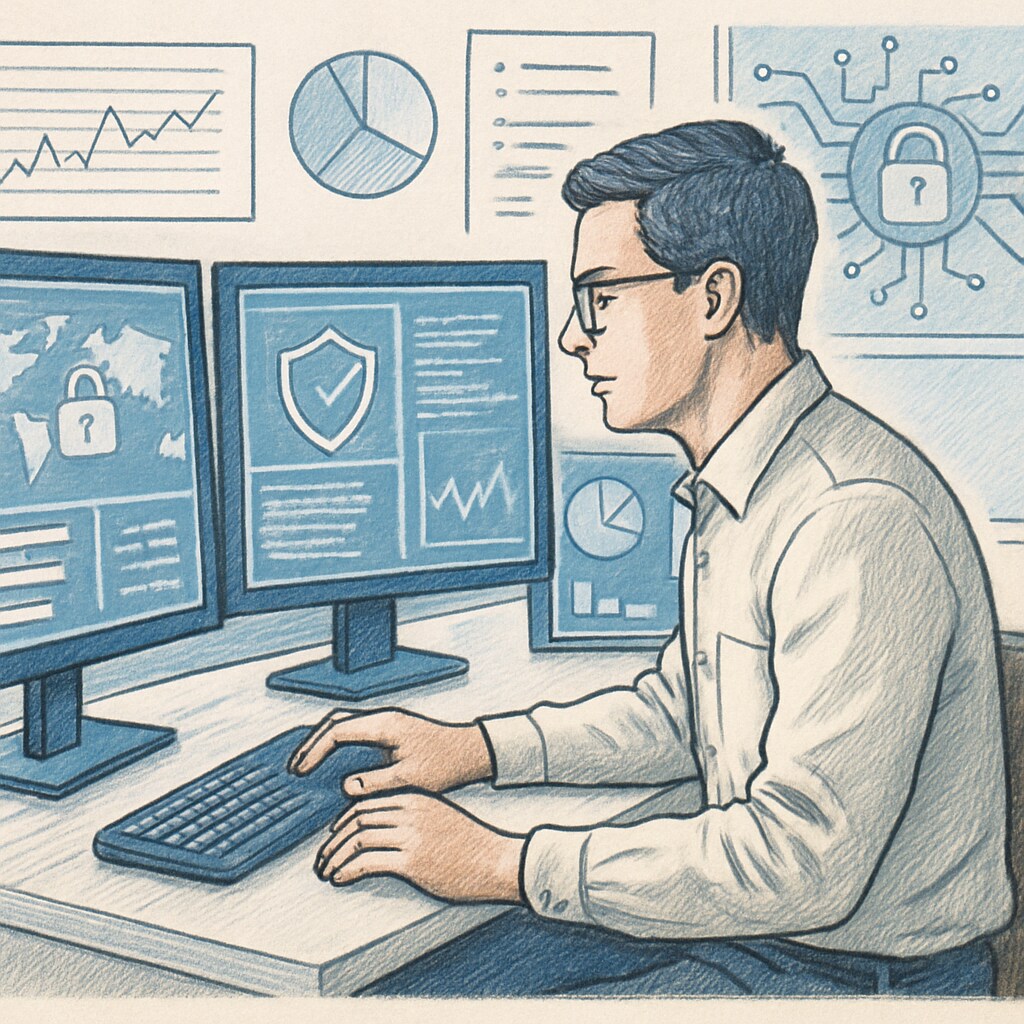 Cybersecurity professional analyzing data, highlighting skills over university reputation.