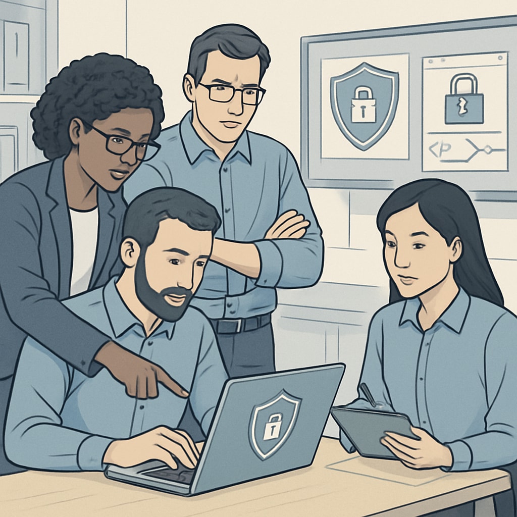 Cybersecurity professionals working together, emphasizing teamwork and problem-solving.