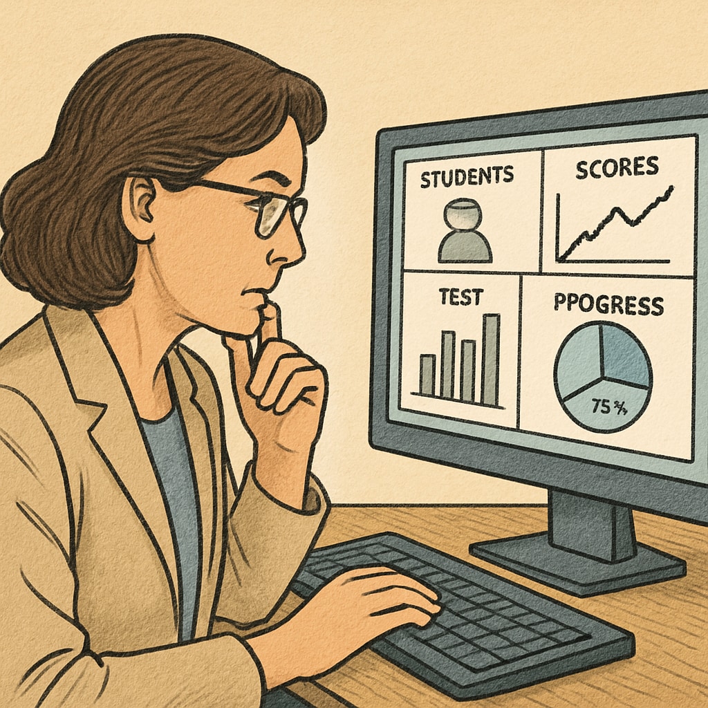 Teacher reviewing real-time student performance data on a computer screen.