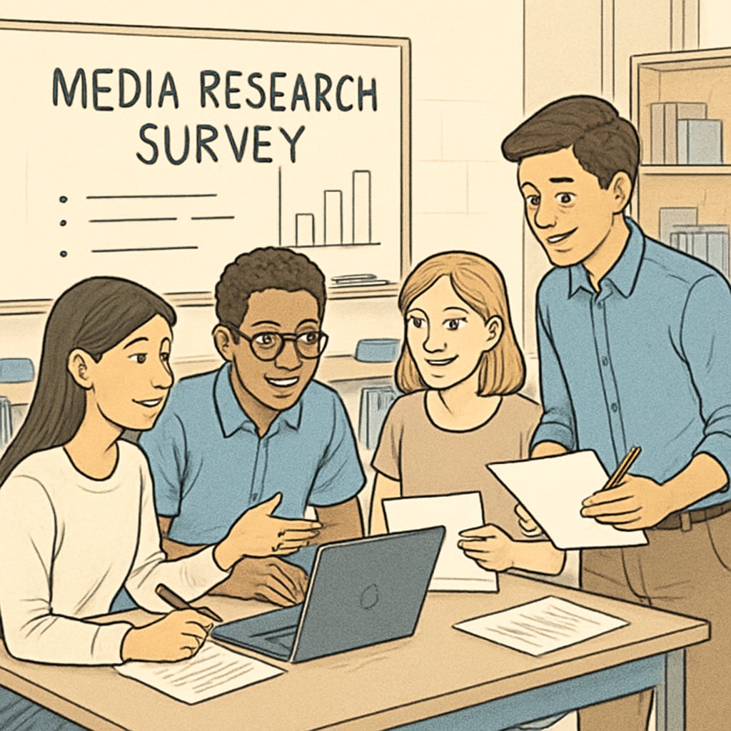Students working together on a media research survey project in a classroom setting.