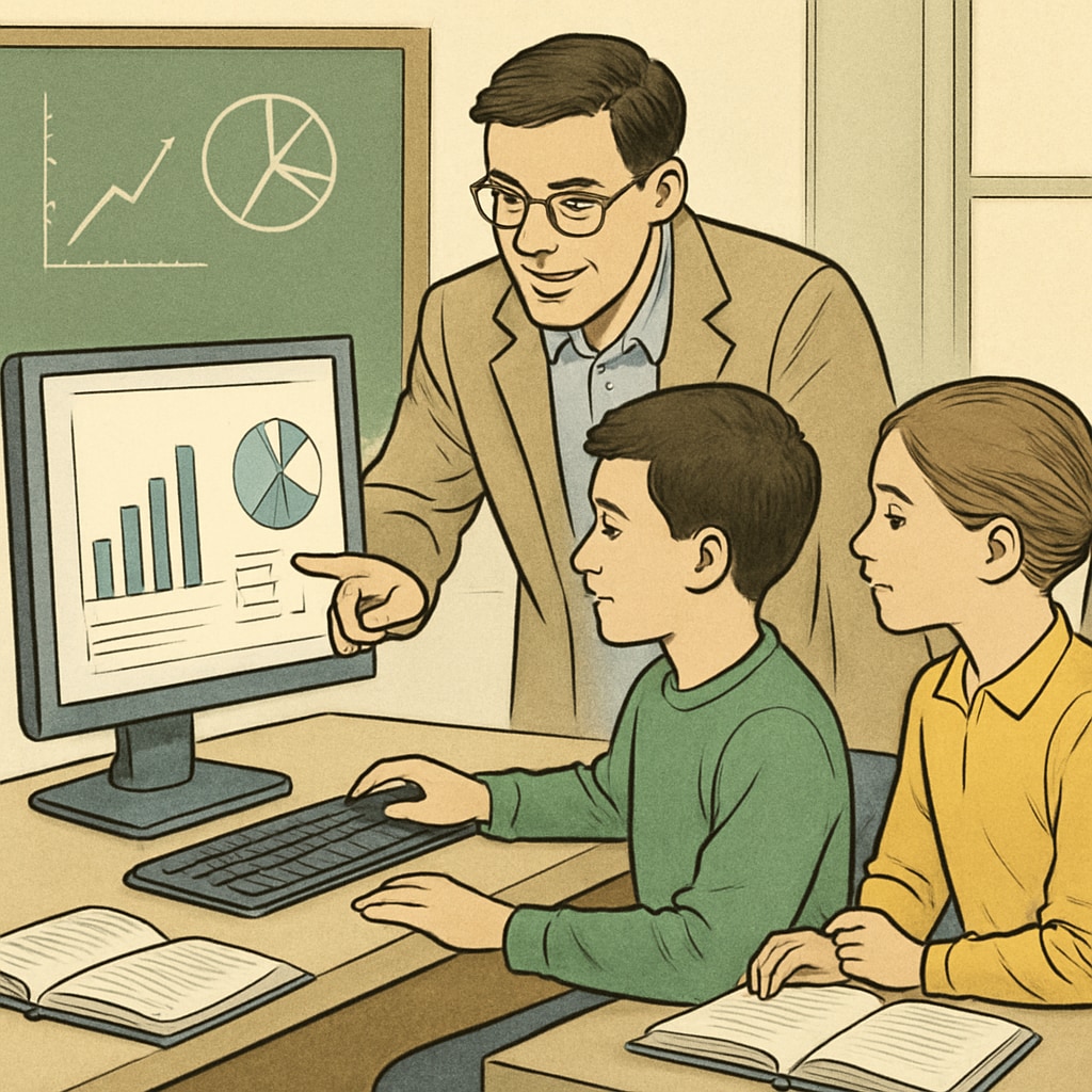 A teacher helping students analyze survey data using a computer in a collaborative learning environment.