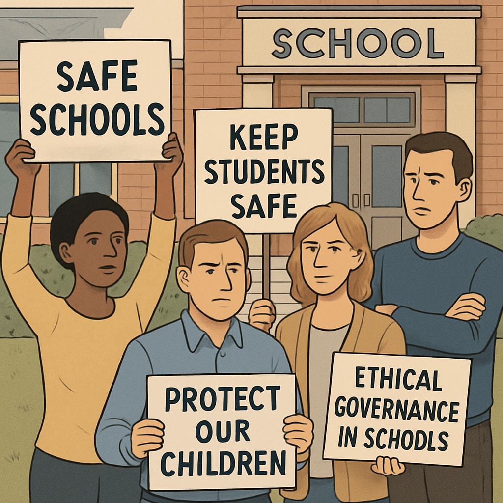 Parents protesting for child safety and against unethical school board members.