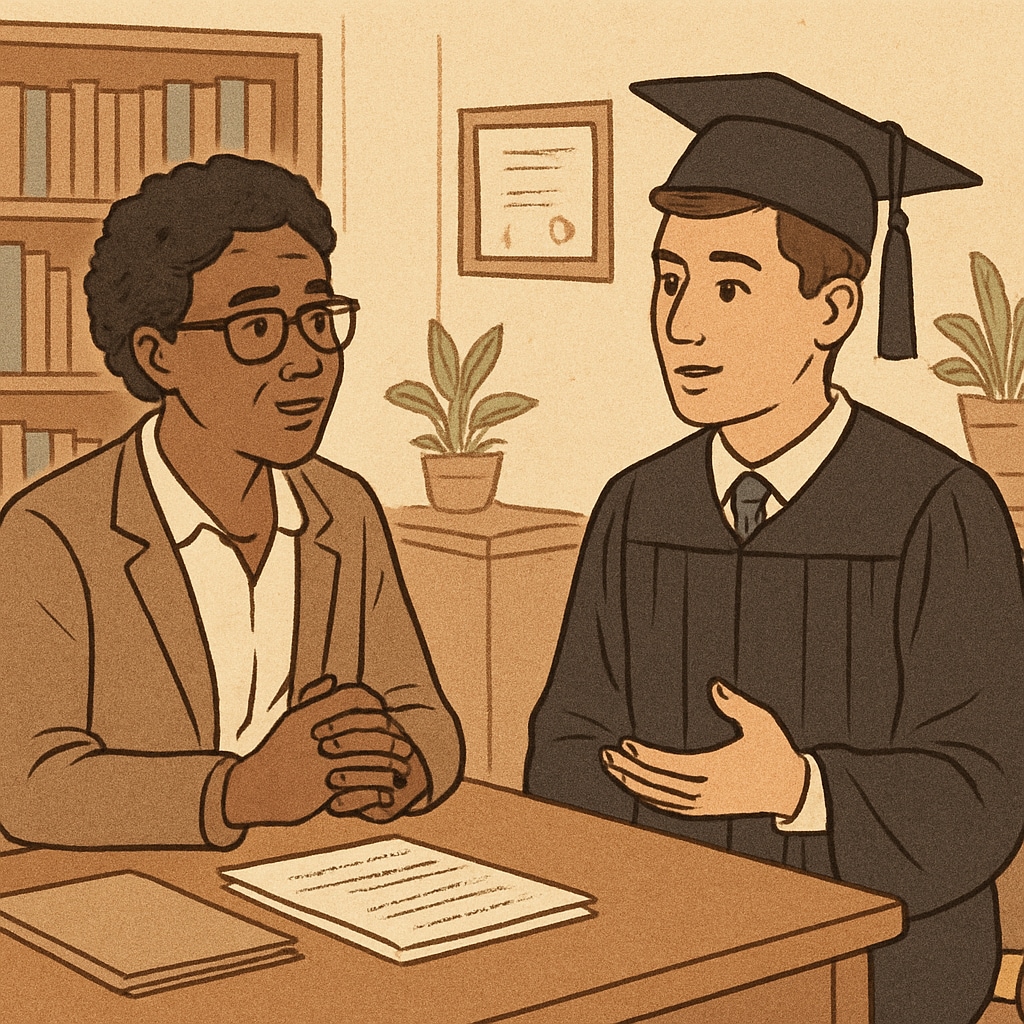 School counselor and graduate student discussing academic research.