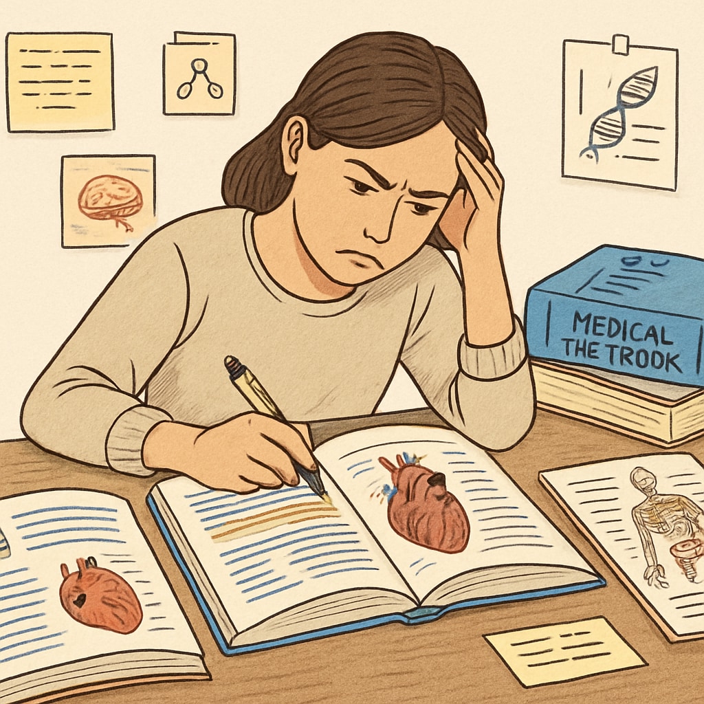 A student with learning disabilities studying medical books using assistive tools.