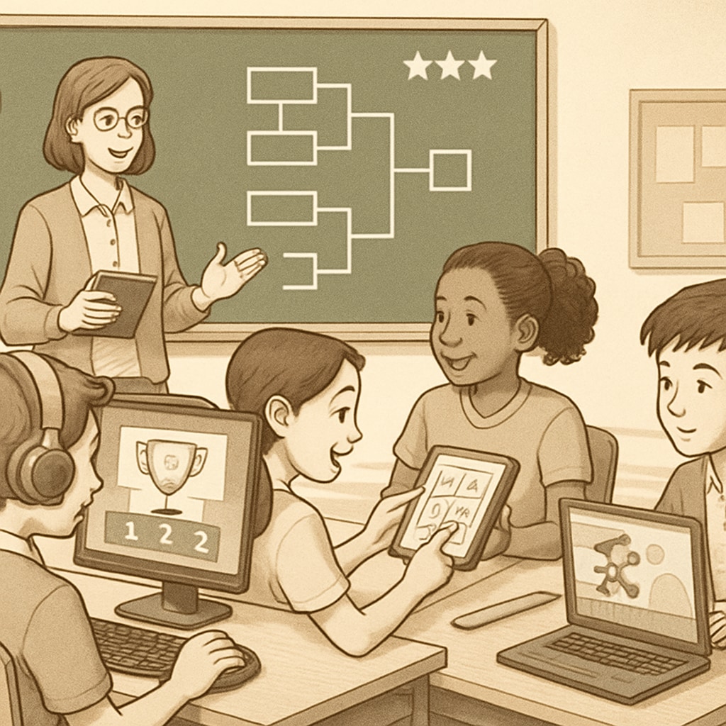 A classroom of students enthusiastically learning with gamified tools, integrating esports elements into their curriculum. Students using gamified learning tools in a classroom setting with esports integration.
