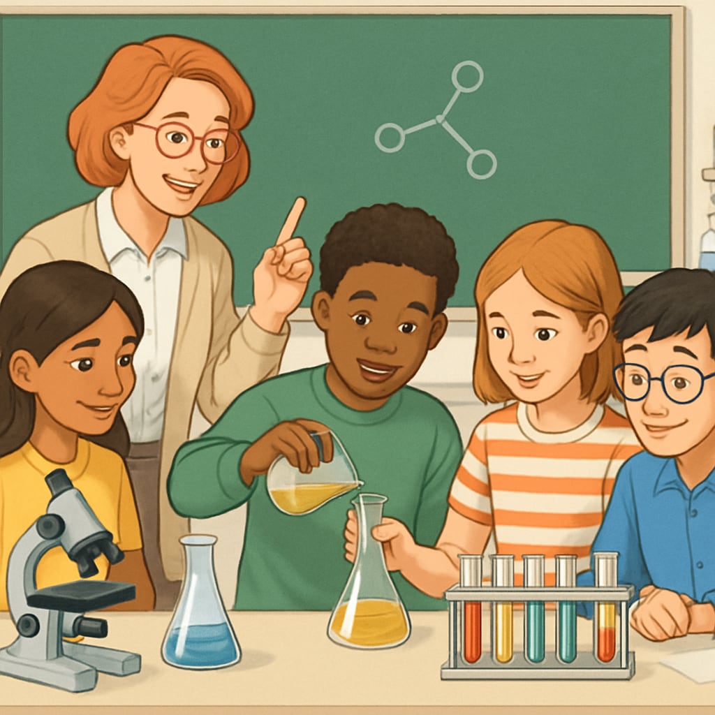 A diverse group of students in a science classroom, working collaboratively on an experiment. Students conducting an experiment in a science classroom, emphasizing collaboration and inclusion for ELLs.