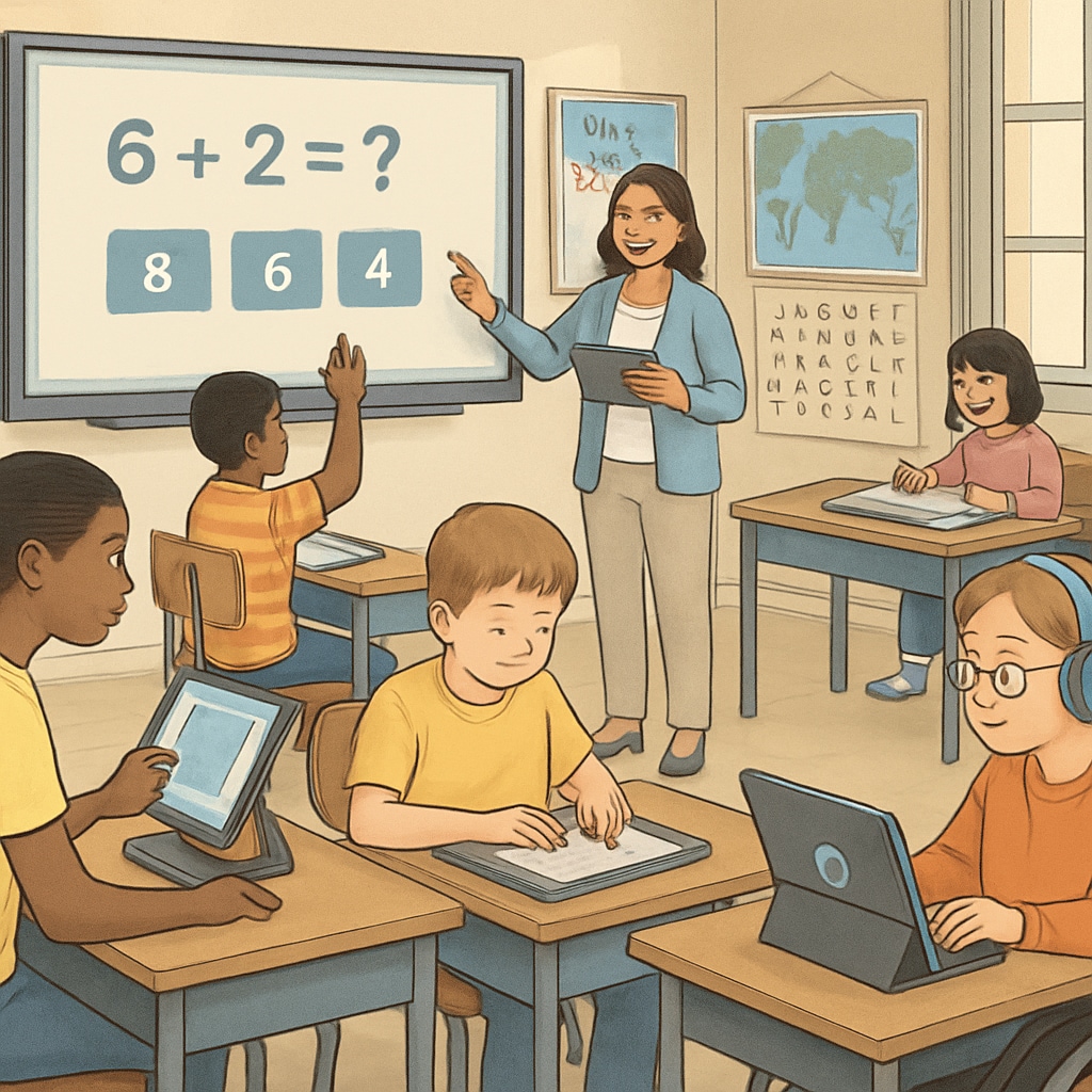 Inclusive classroom with students using assistive technologies for learning.