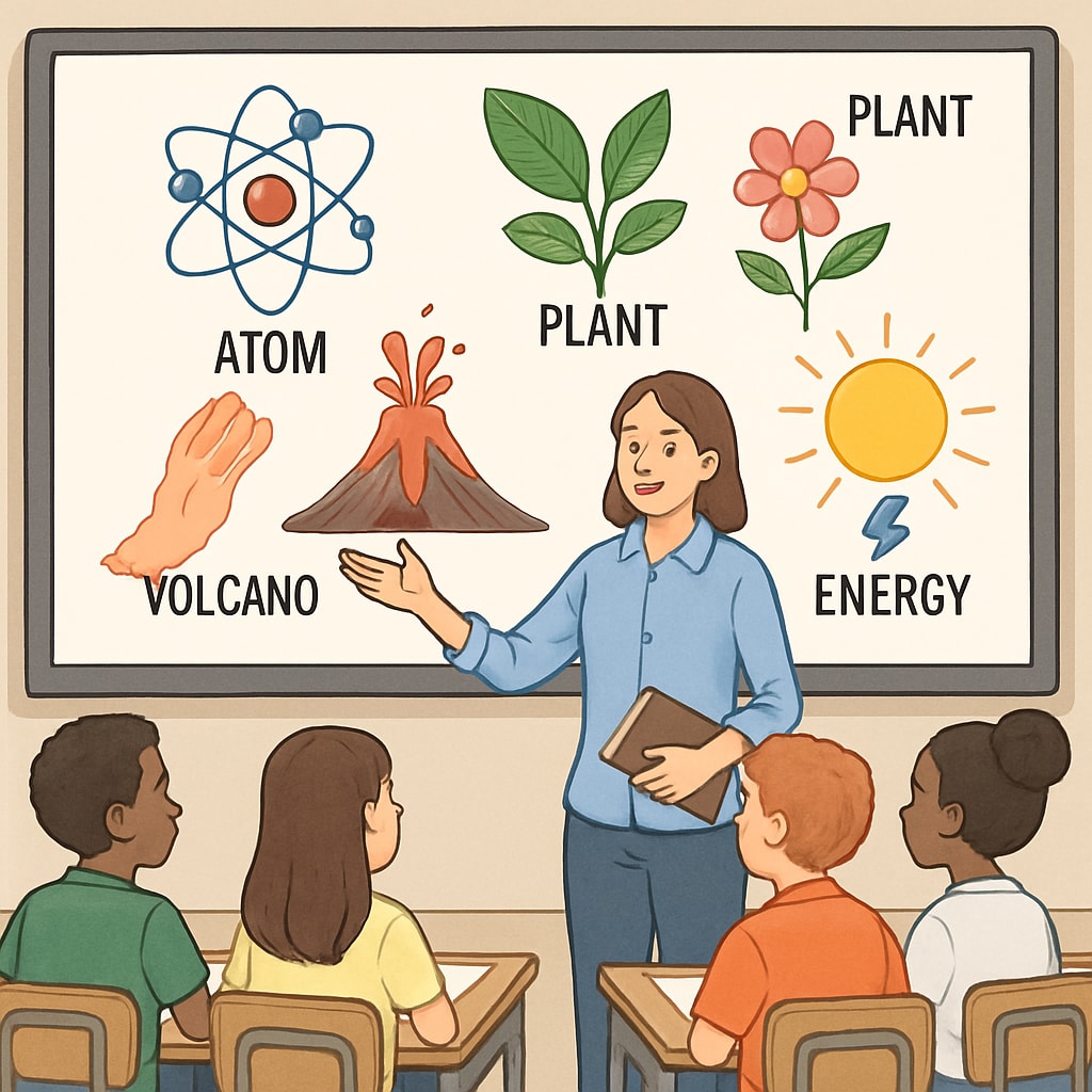 A teacher using a smartboard with visuals to explain scientific concepts to a diverse class. A teacher presenting scientific concepts with visuals to support English learners in understanding science.