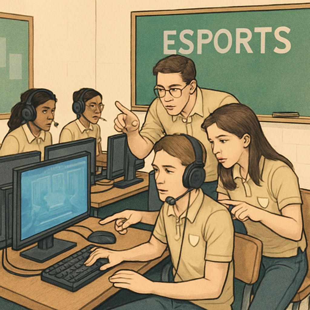 Students participating in an esports competition, showcasing teamwork and strategic thinking as part of their educational program. Students engaged in an esports competition, highlighting teamwork and education integration.