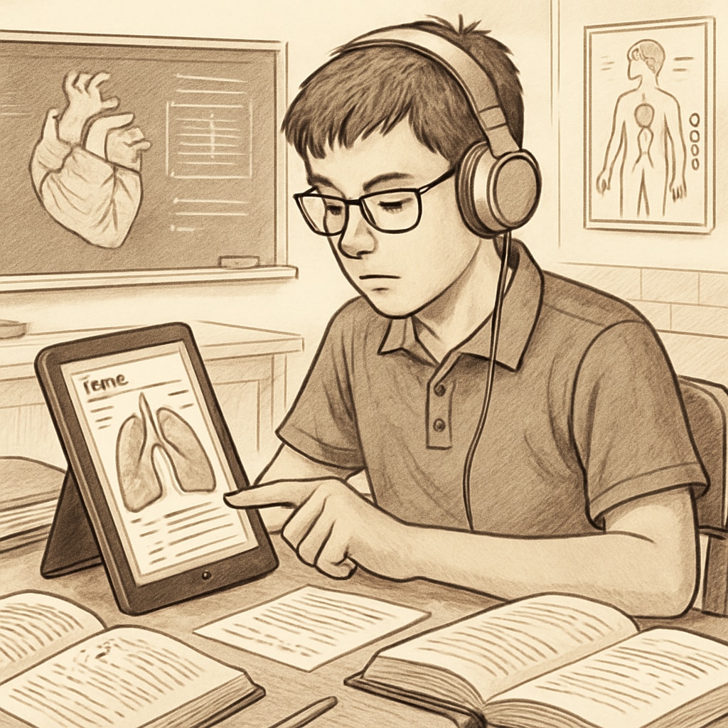 A high school student with a learning disability using assistive technology to study for a medical entrance exam. A student using assistive technology to overcome learning challenges in medical studies.