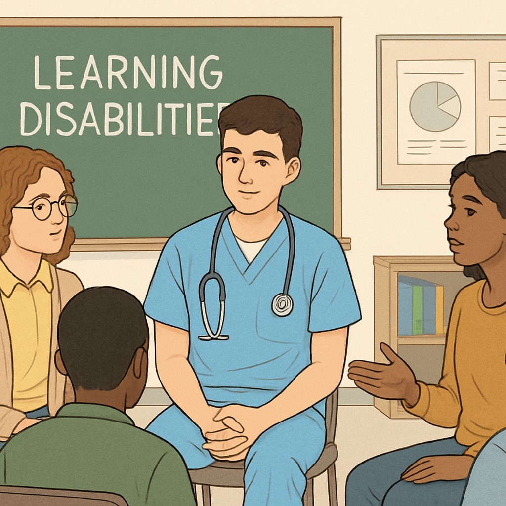A young medical student participating in a support group for individuals with learning disabilities. Medical student in a support group for learning disabilities.