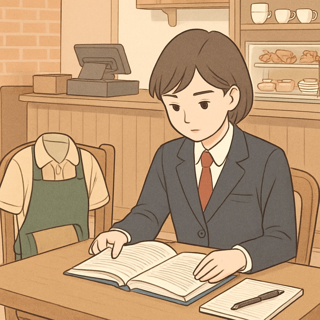 High school student balancing part-time work and studies at a café.